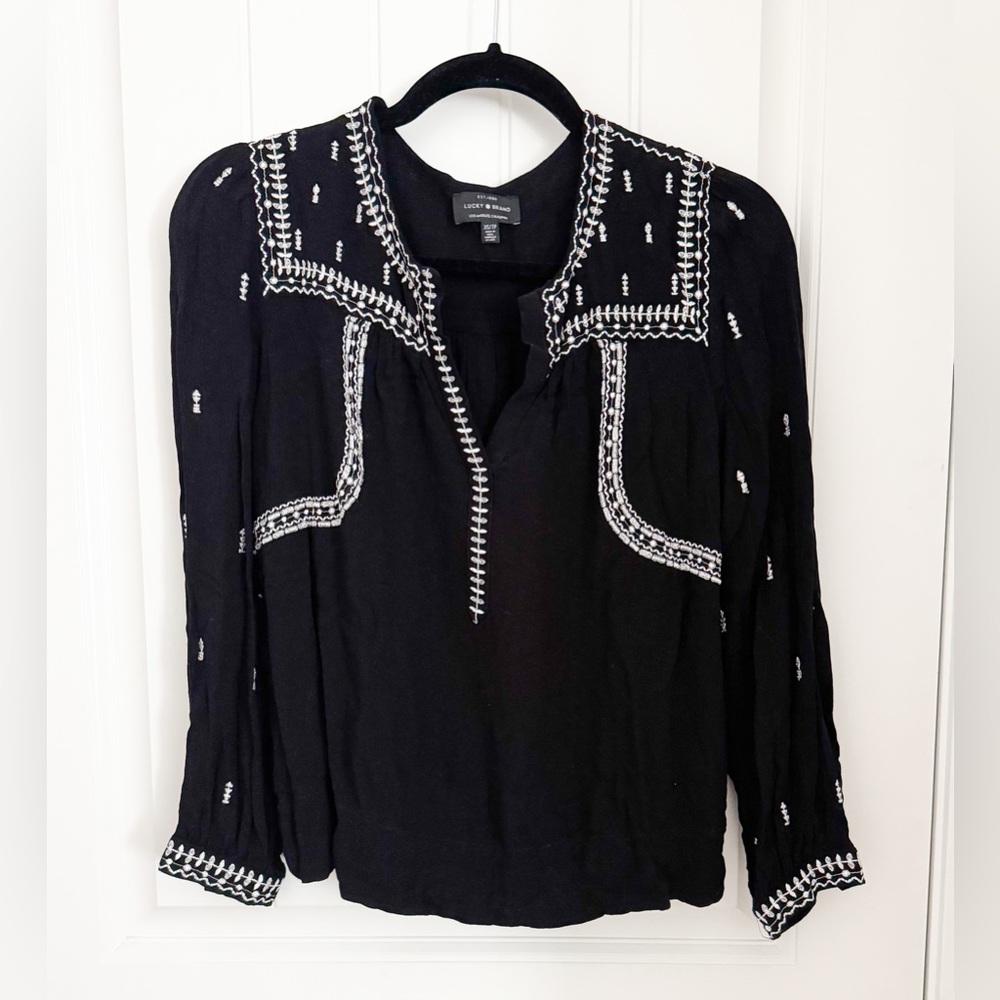 Lucky Brand Black Blouse with White Embroidery